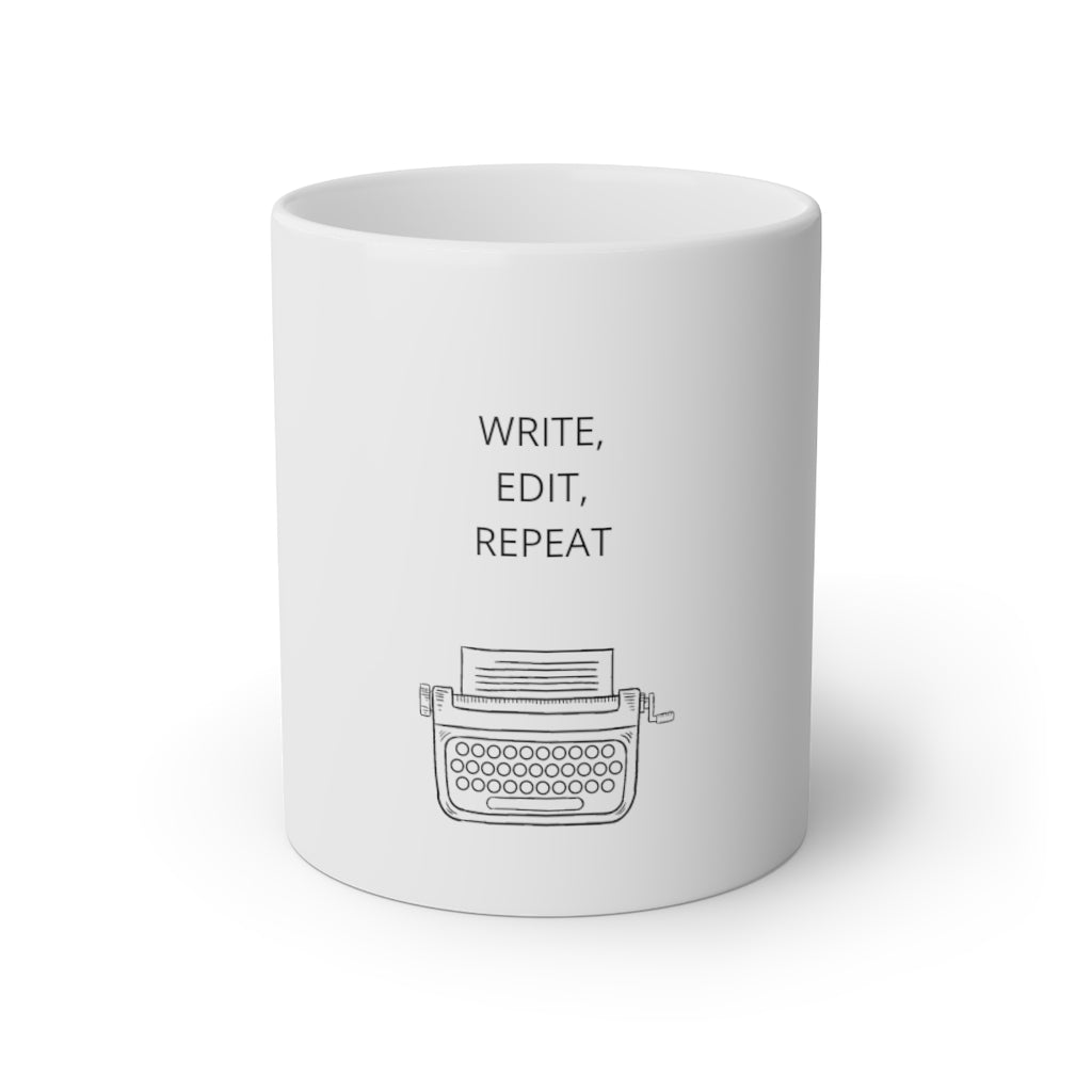 "Write, Edit, Repeat" White Mug, 11oz